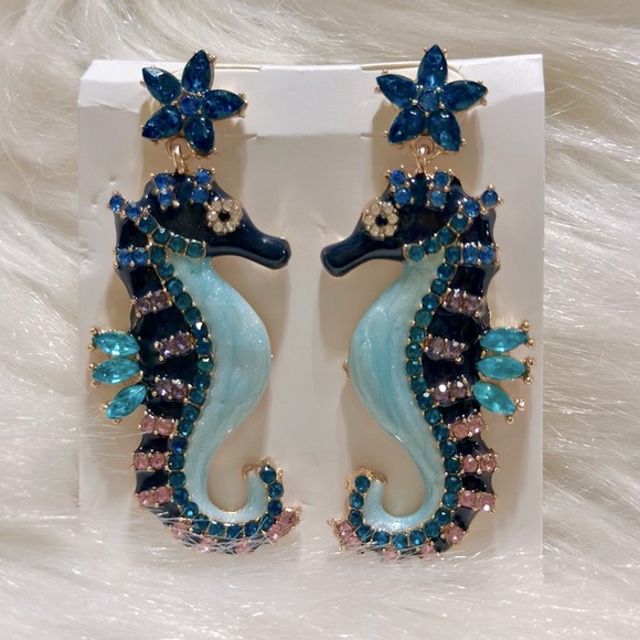 Blue Seahorse Rhinestone Statement Earrings Length 2.5” - Picture 3 of 8